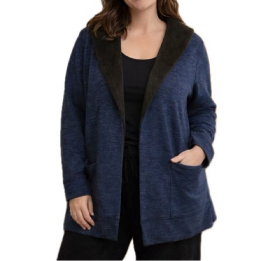 T by Talbots Cozy Lined Shawl Collar Sweatshirt Jacket Women Size XL Navy Marled